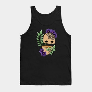 Surreal Plant Person with Realism Flowers and Mandala Tattoo on Bald Head Tank Top